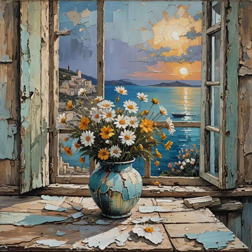 Mediterranean Sunset: Impasto Oil Painting with Greek Design