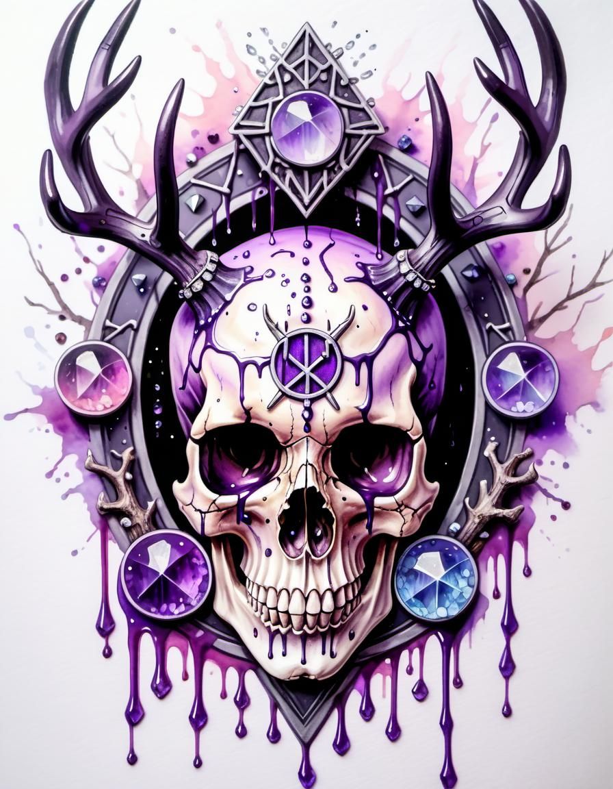 Pastel Goth Skull with Antlers and Runes in Watercolour