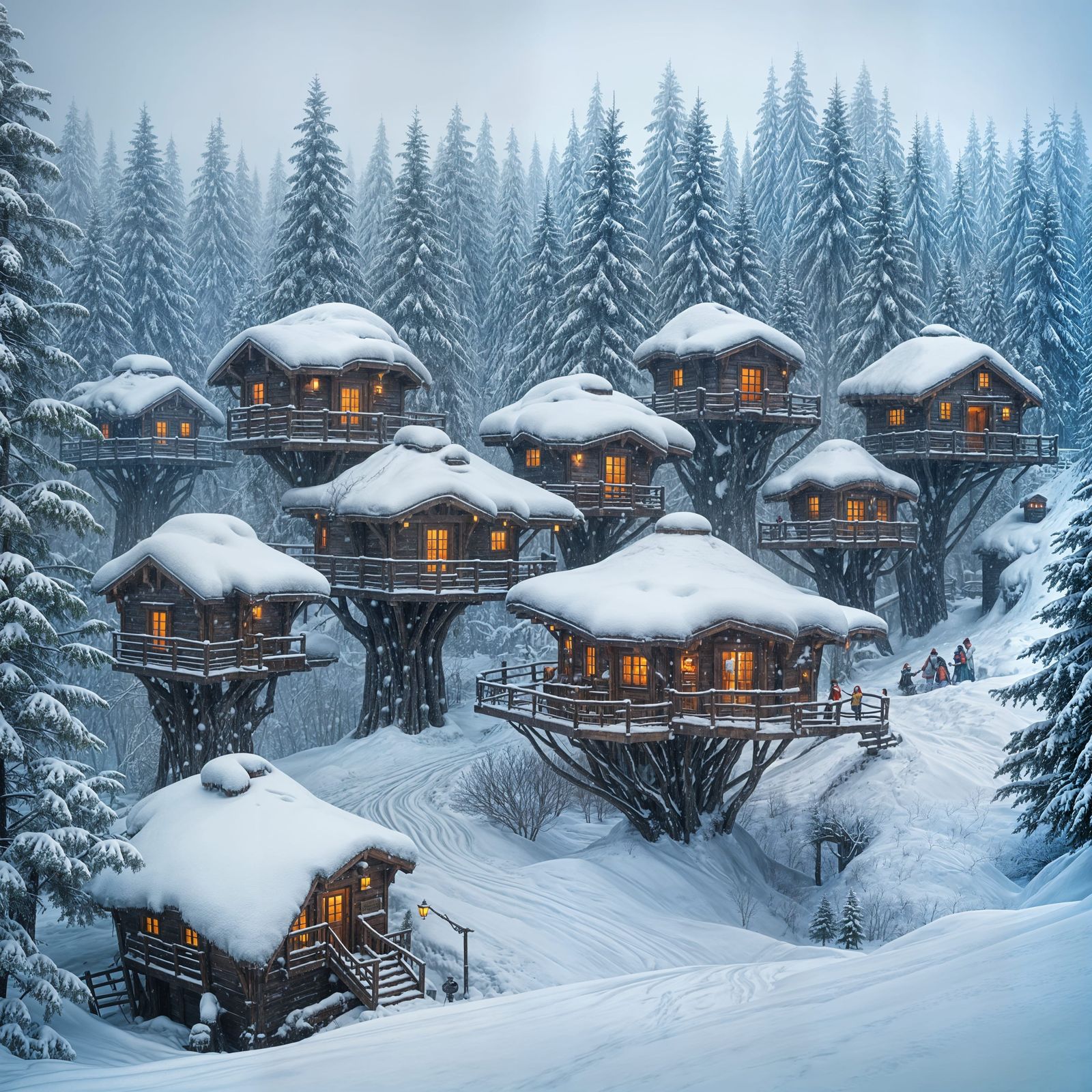 Tree Village Trapped in Winter Blizzard