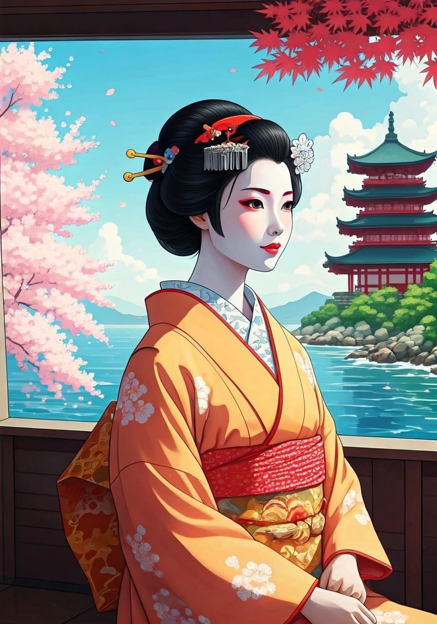 A Geisha's Serene Ferry Ride Along Japan's Blossoming Coast