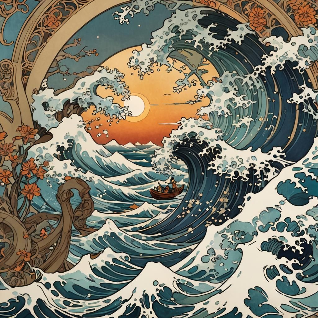 Sunrise Sea Blending Ukiyo-e and Art Nouveau