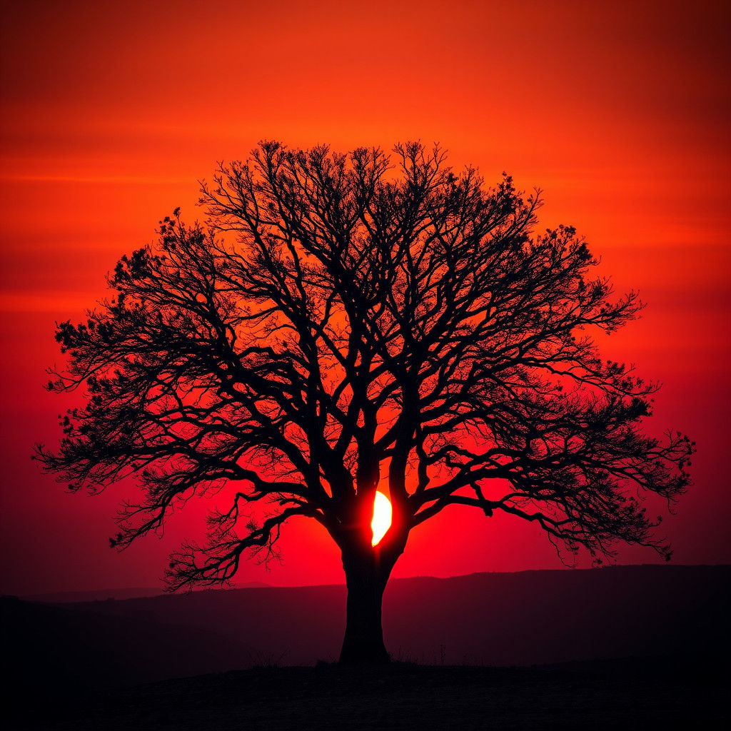Crimson Sunset: Majestic Tree Silhouette in Hyperrealism