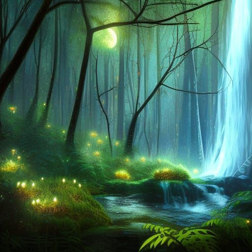 Moonlit Forest Waterfall with Fireflies
