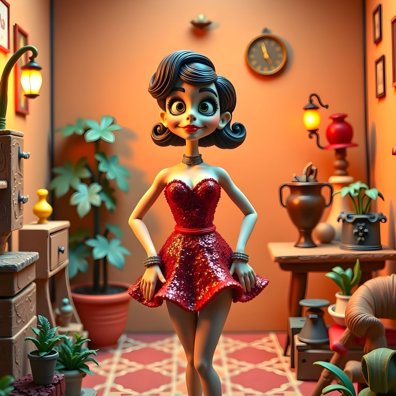 Claymation Pin-Up in Retro Stop-Motion Style