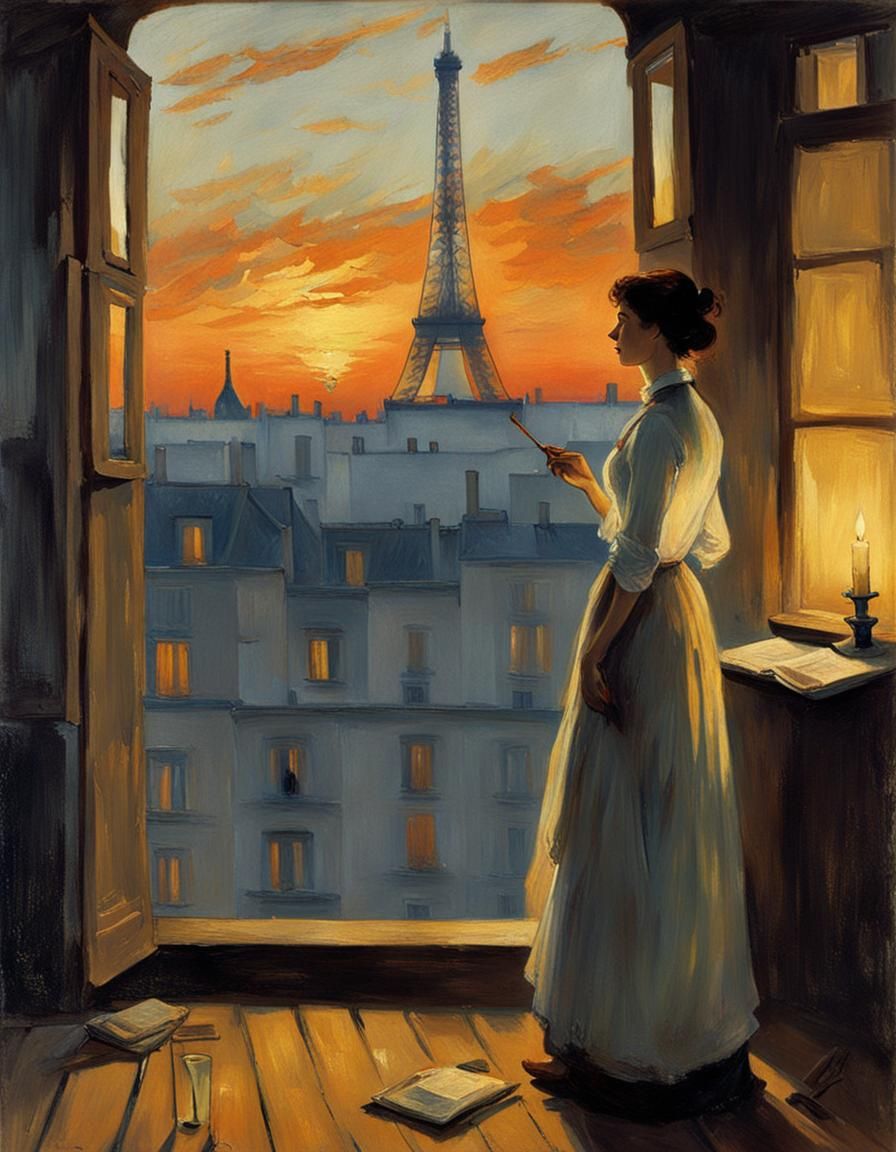 Parisian Painter's Studio at Dusk in Gouache Style