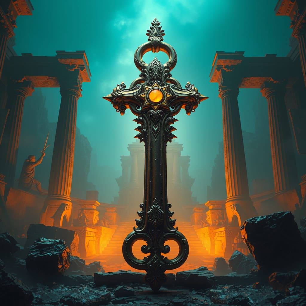 Ancient Key Amidst Ruins: Dramatic Digital Art