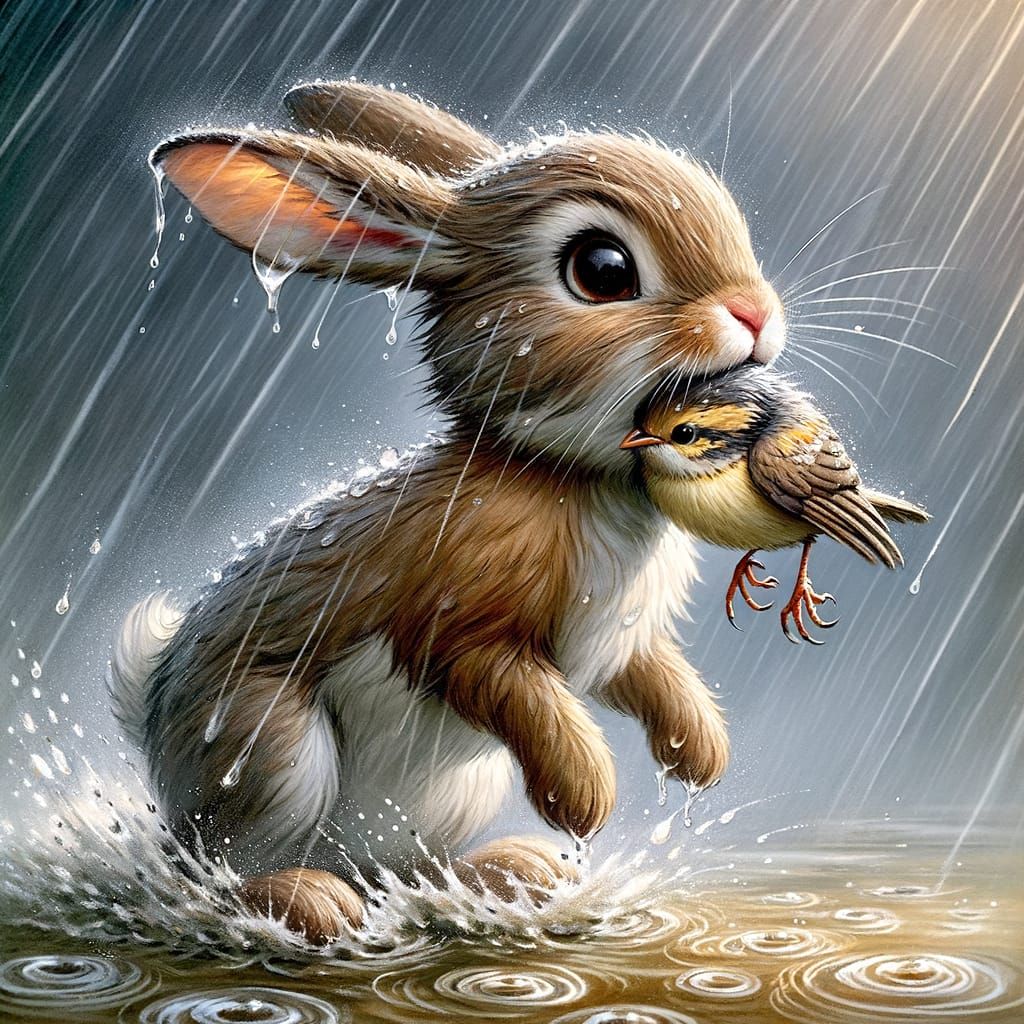 Brave Rabbit Minni Carries Bird Through Stormy Rain
