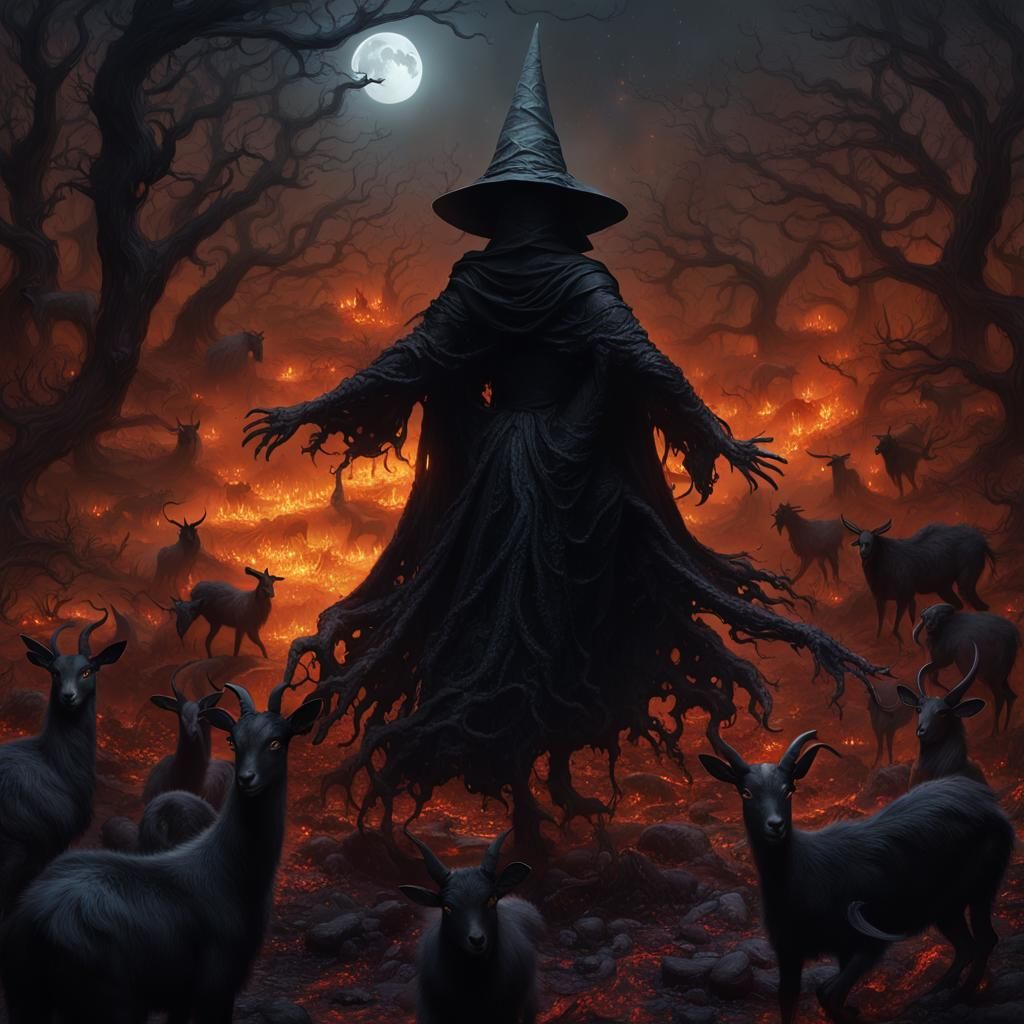 Fantasy Witch Ascends in Burning Forest, Dark Art