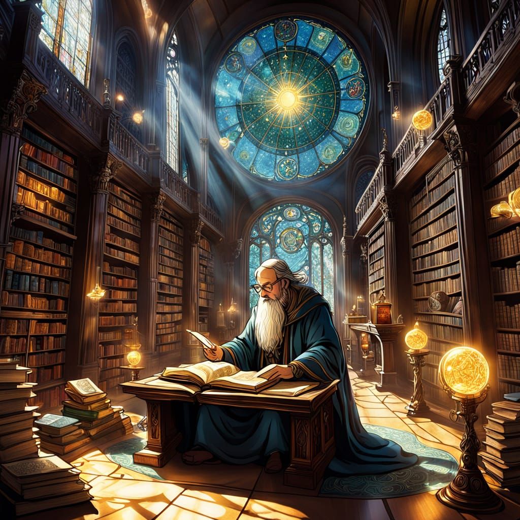 Ancient Wizard Studies Glowing Tome in Art Nouveau Library