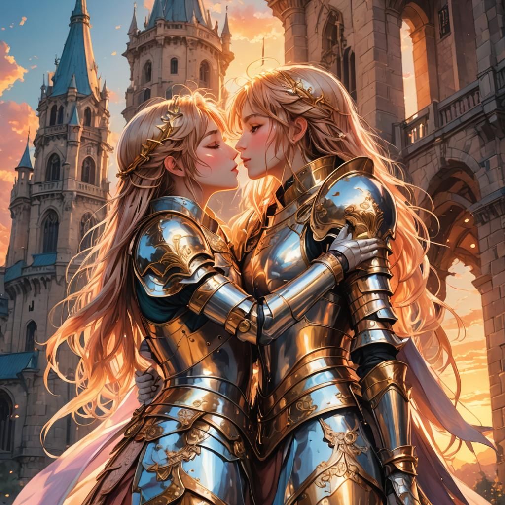 Armored Girls Kissing on Tower: Manga Illustration