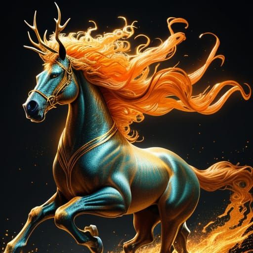 Regal War Horse with Glowing Sigil and Antlers in Vibrant Di...