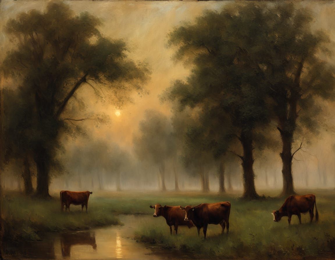 Ethereal Cows in Mist: A Tonalist Oil Painting