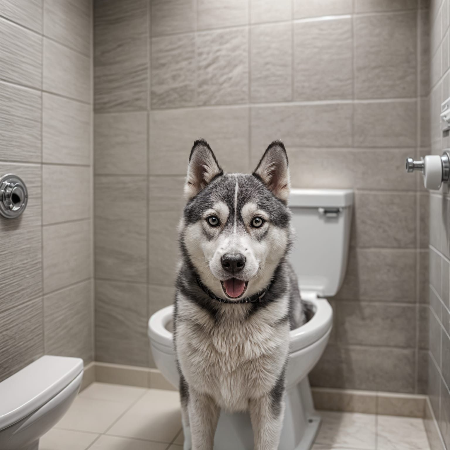 Female Husky on Toilet: Professional Photography