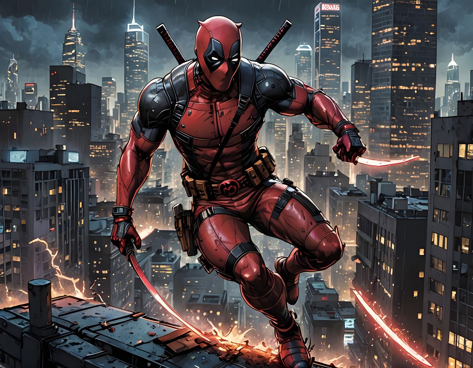 Hyper-Realistic Deadpool in Mid-Sprint, Iconic Red and Black...