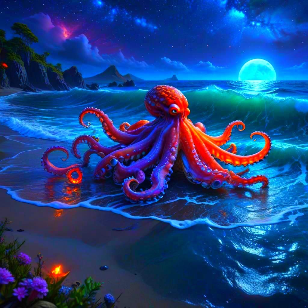 Lunar Octopus Adrift in Celestial Seascape