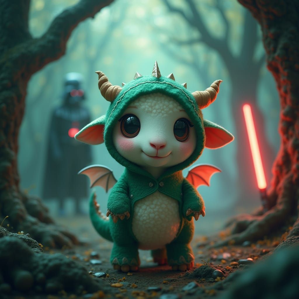Cute Sheep in Surreal Forest with Darth Vader