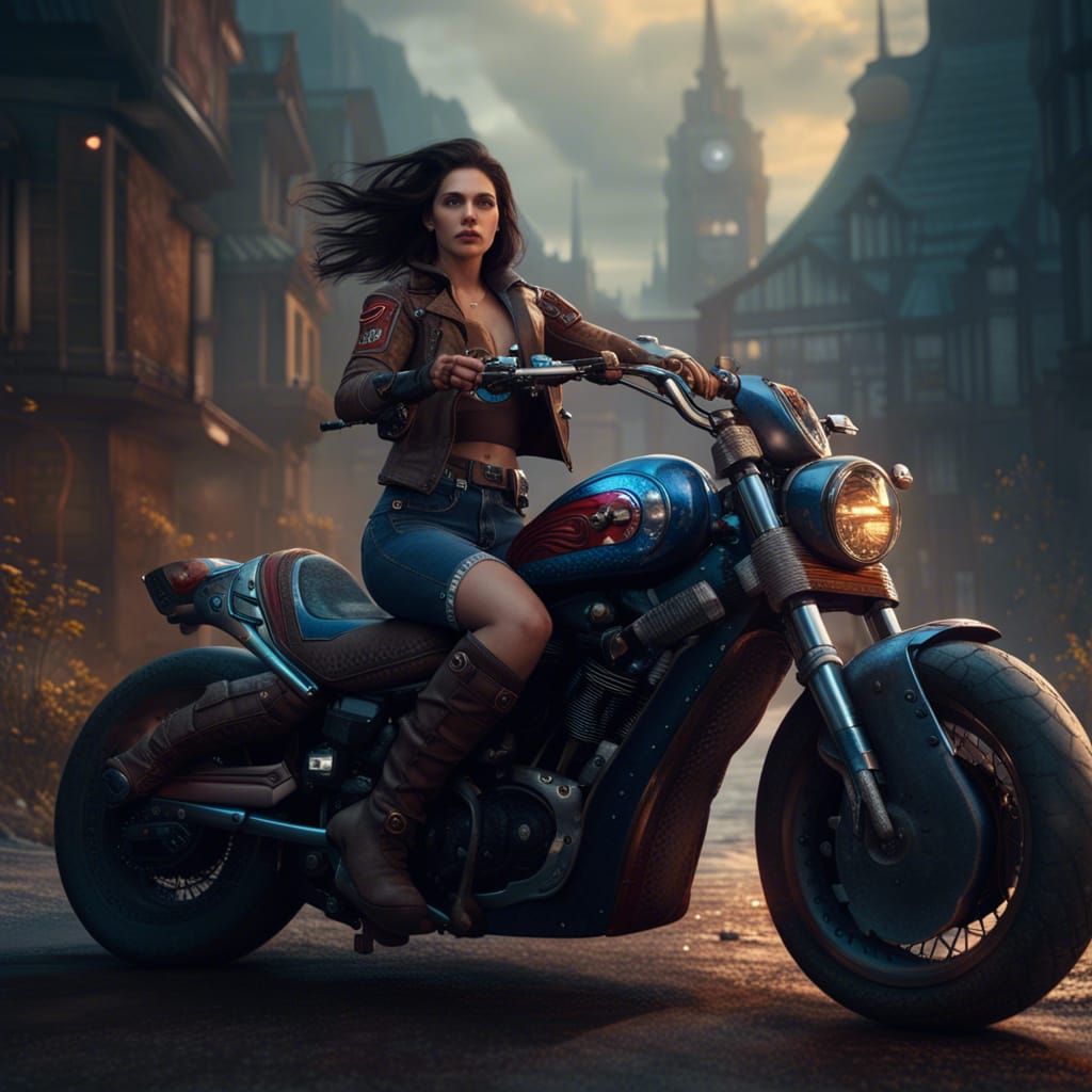 Brunette on Motorcycle: Detailed Matte Painting