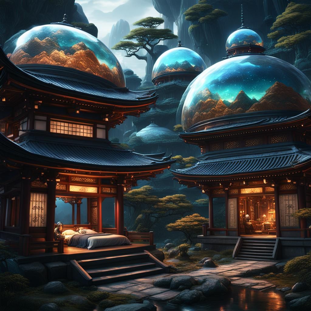 Japanese Sisters Sleeping in Domes: Detailed Matte Painting