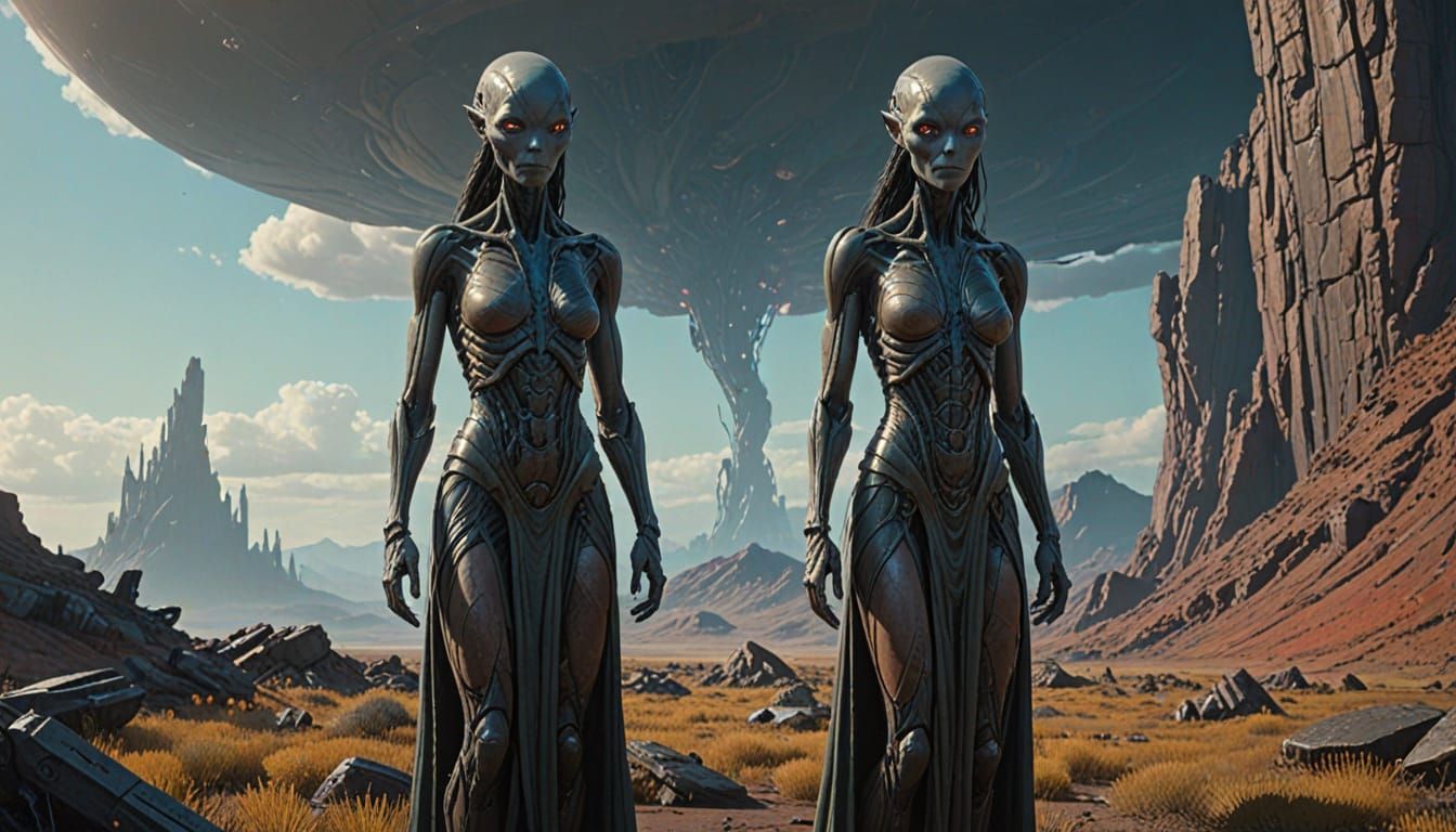 Human and Alien Woman Stand Together in Vibrant, Dreamlike L...