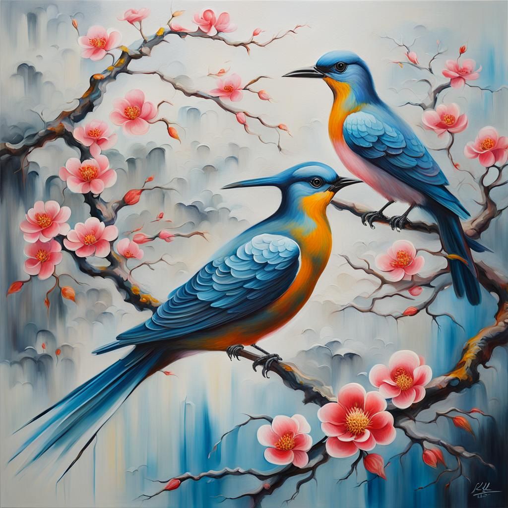 Surreal Chinese Flower and Bird Painting in Oil