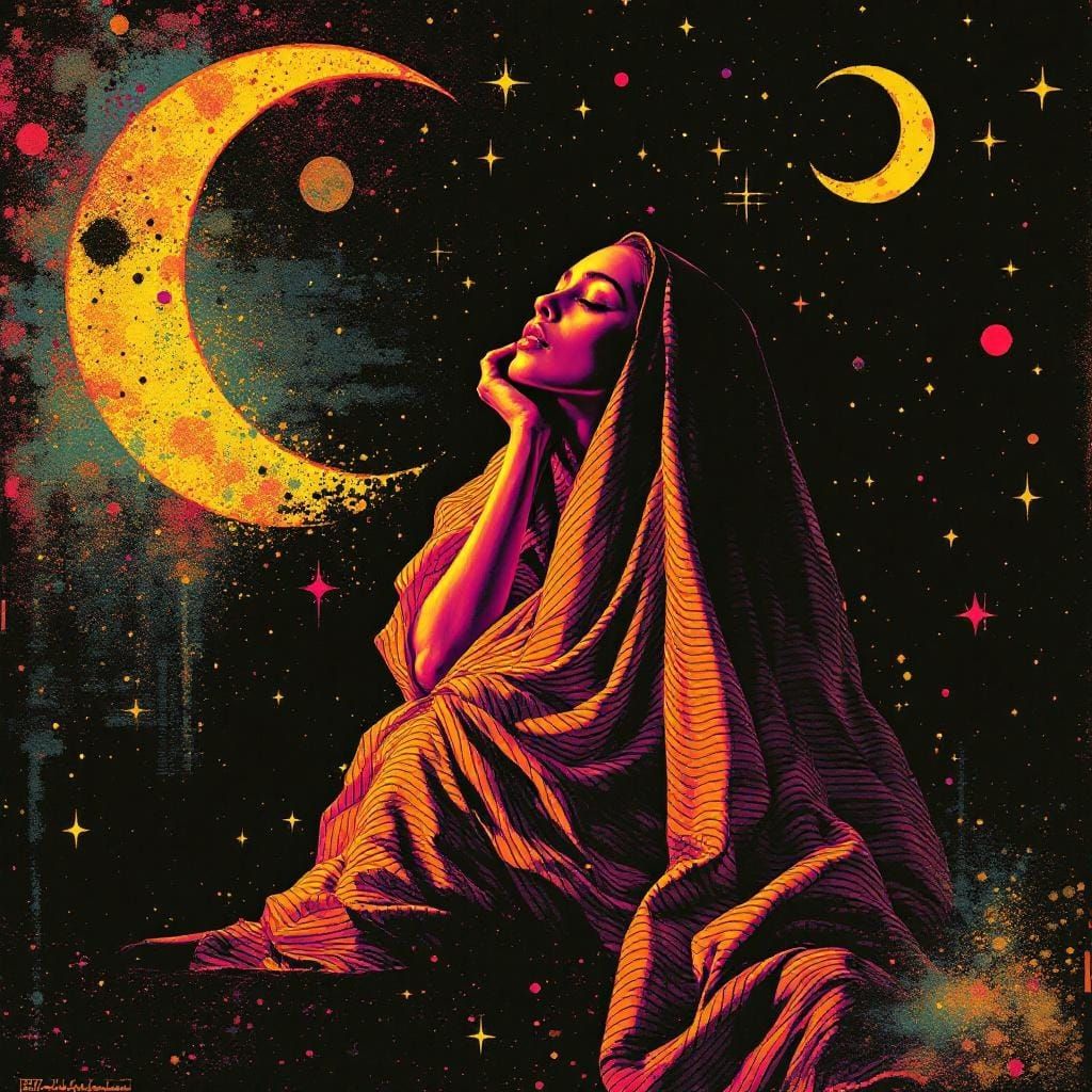 Contemplative Woman in Cosmic Void: Digital Glitch Art