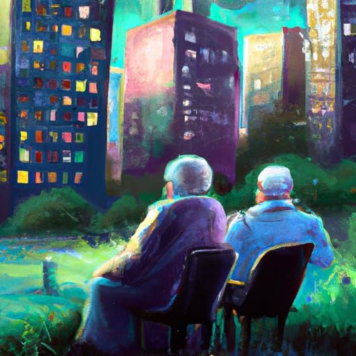 Elderly Couple in City Park: Detailed Matte Painting