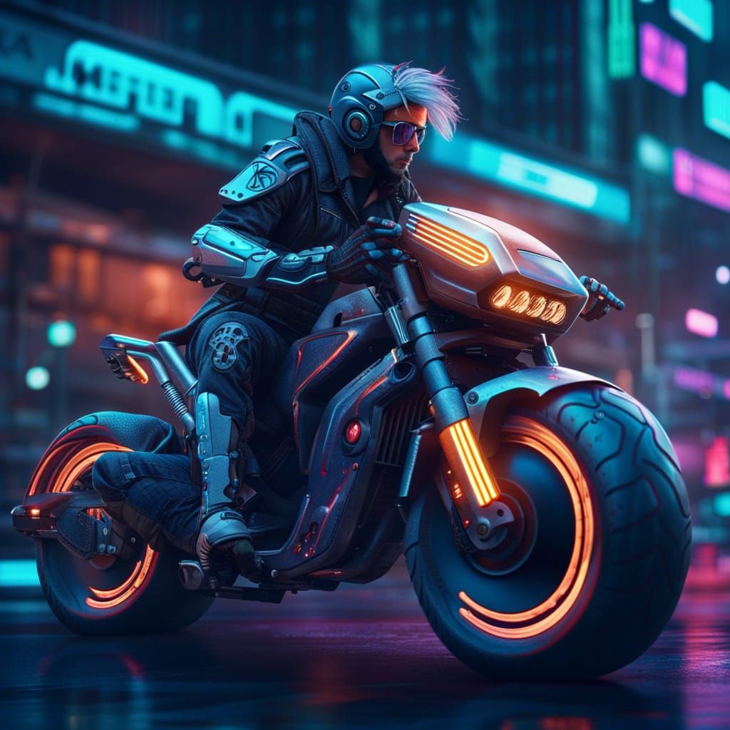 Cyberpunk Soldier Rides Motorcycle in Urban Wasteland