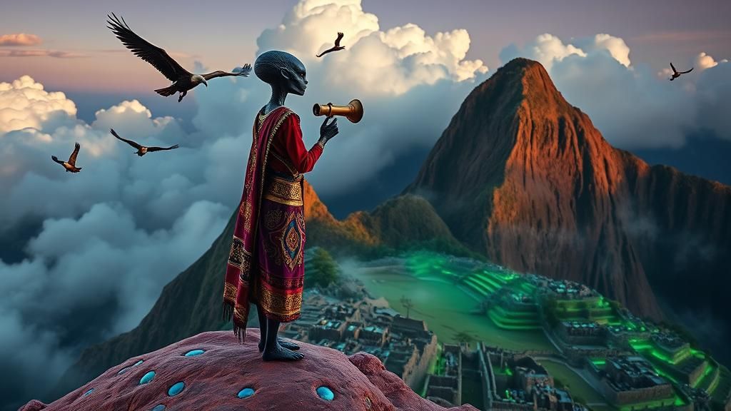 Alien in Peruvian Dress Observes Distant Condors