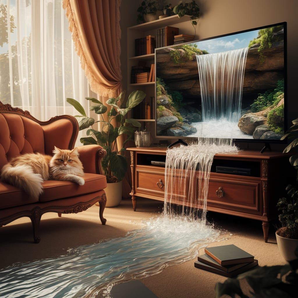 Orange Cat Unfazed by Waterfall in Living Room