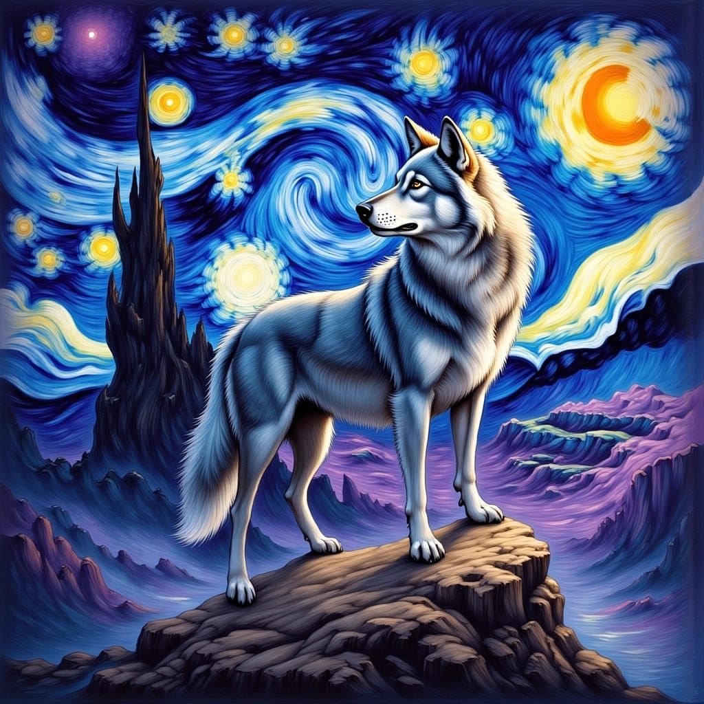 Celestial wolf standing on jagged terrain beneath a swirling...