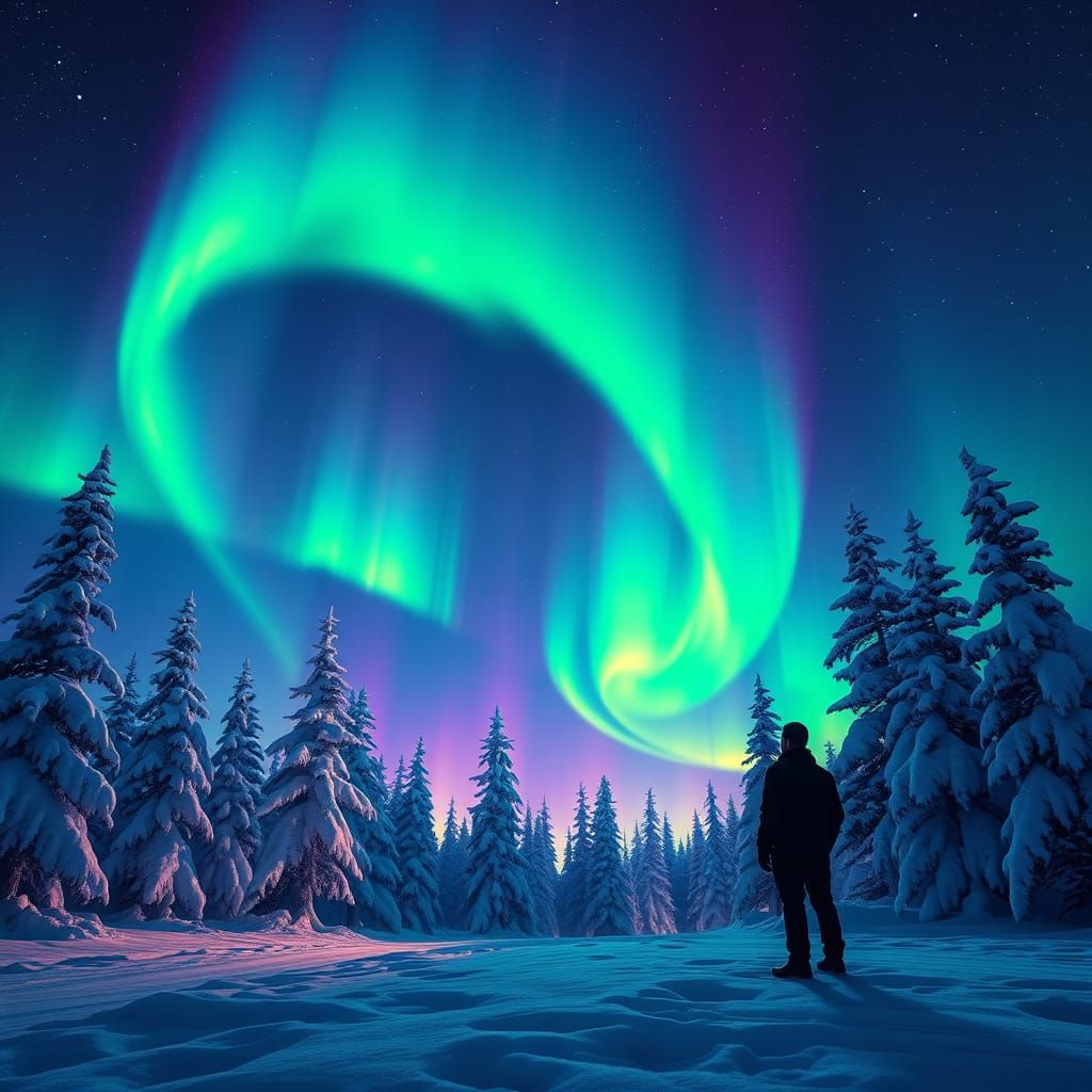 Aurora Borealis Over Snowy Forest Digital Matte Painting