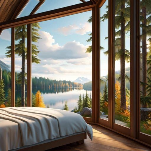 Romantic Forest Bedroom with Lake View, 3D Render