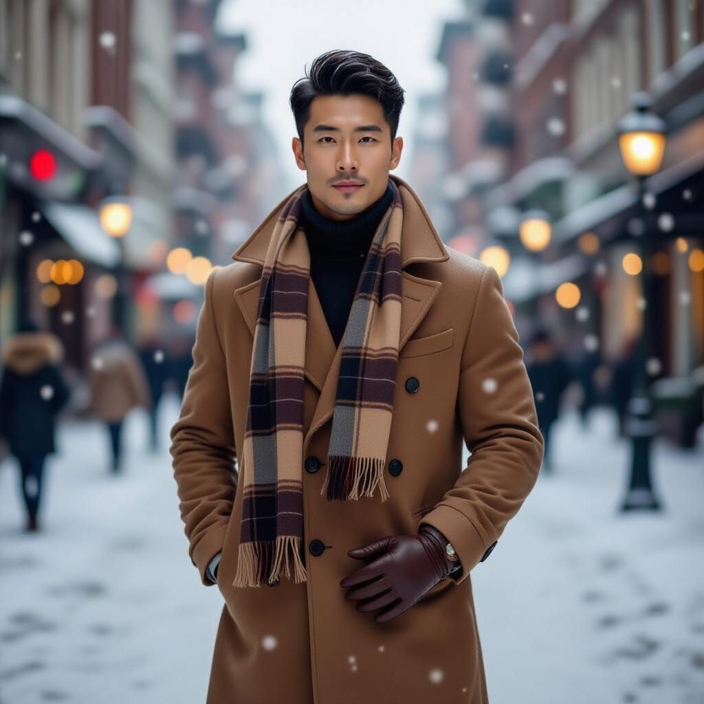 Stylish Man in Winter City, Hyperrealistic Portrait
