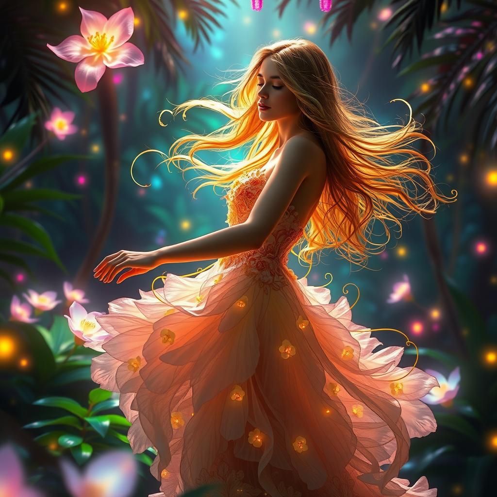 Bioluminescent Forest Dance in Pre-Raphaelite Style