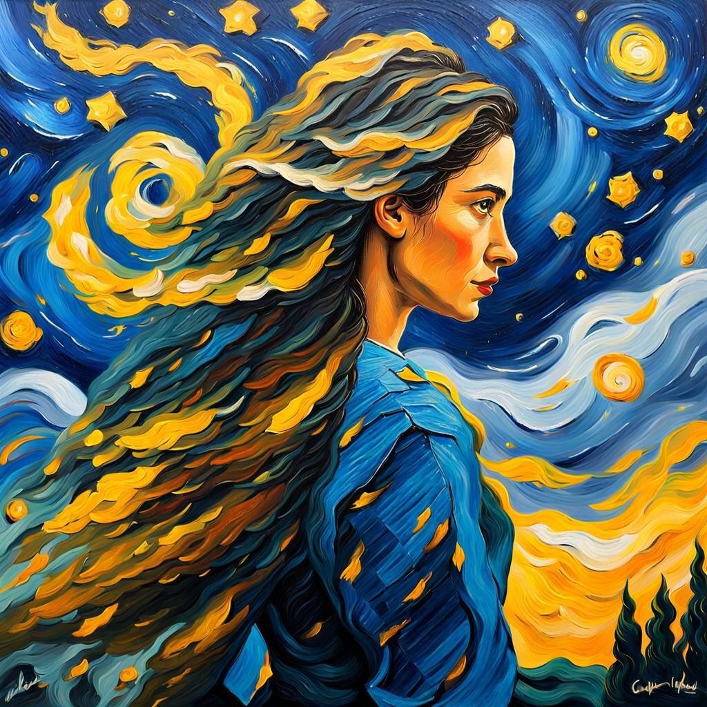 Woman Under Swirling Starry Night Sky as Oil Painting