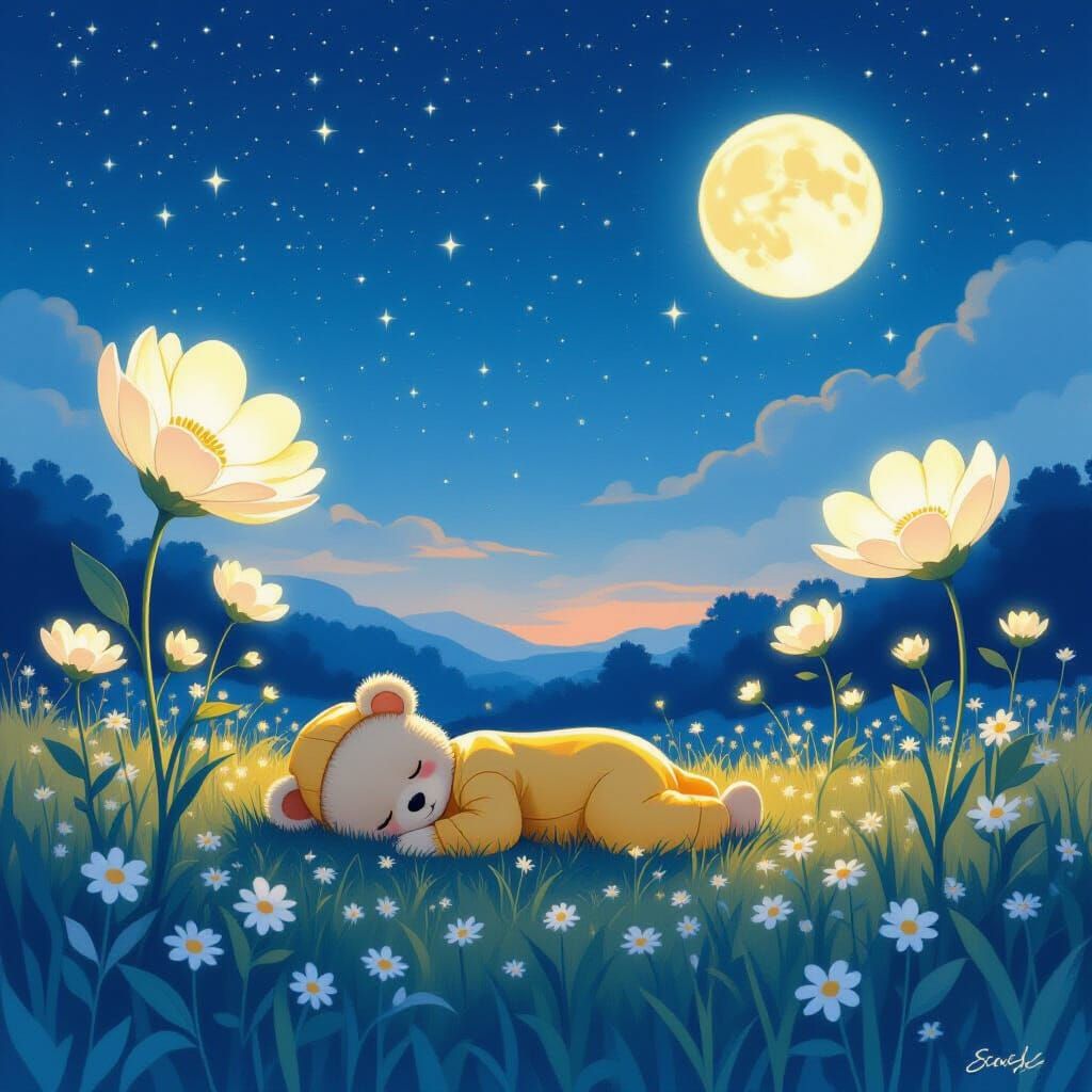 Luminous Meadow at Twilight: Dreamscape in Watercolor Style