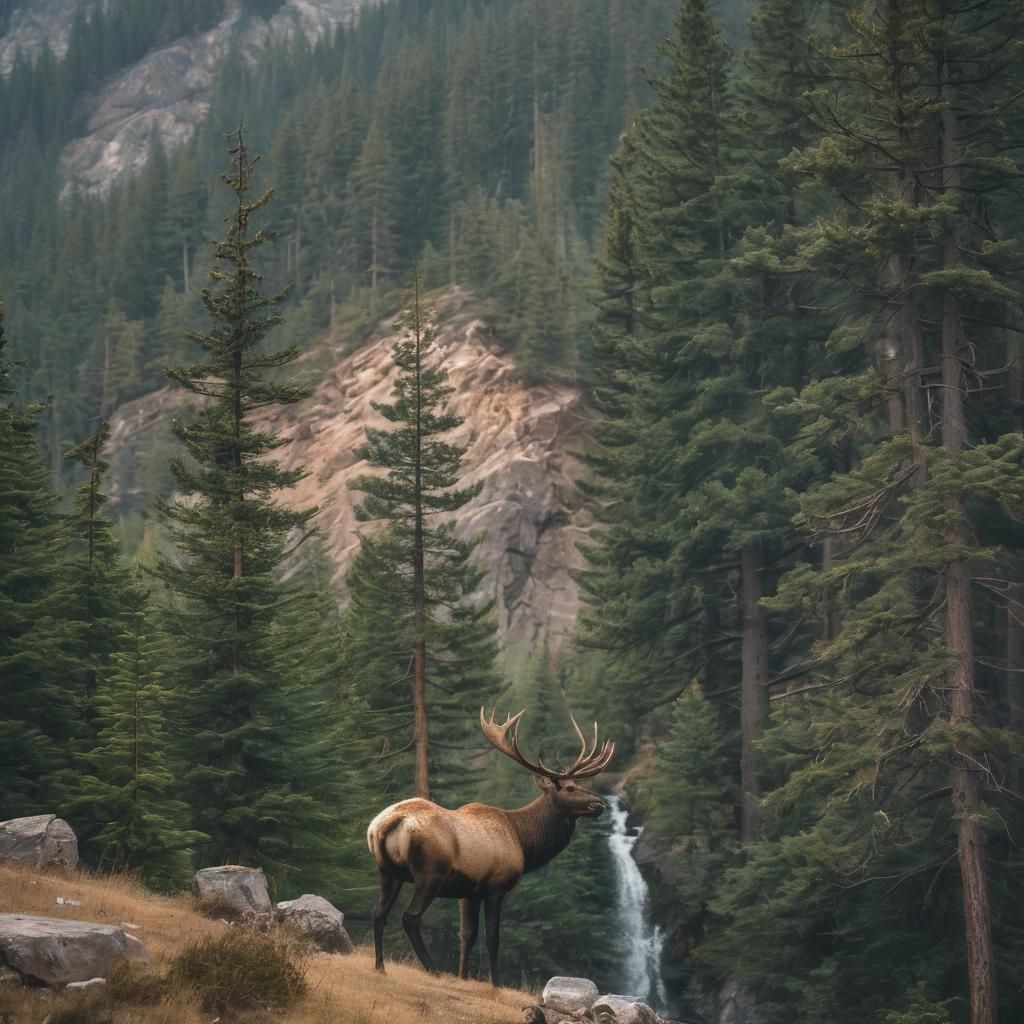 Majestic Elk in Mountain Landscape with Waterfall