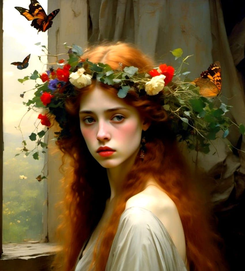 Pre-Raphaelite Portrait Emphasizing Eyes and Hair
