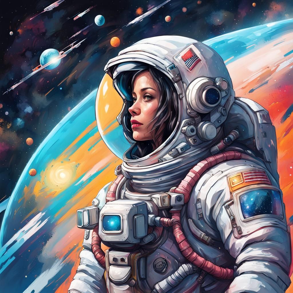 Astronaut Woman Observes Stars in Graffiti Art Style