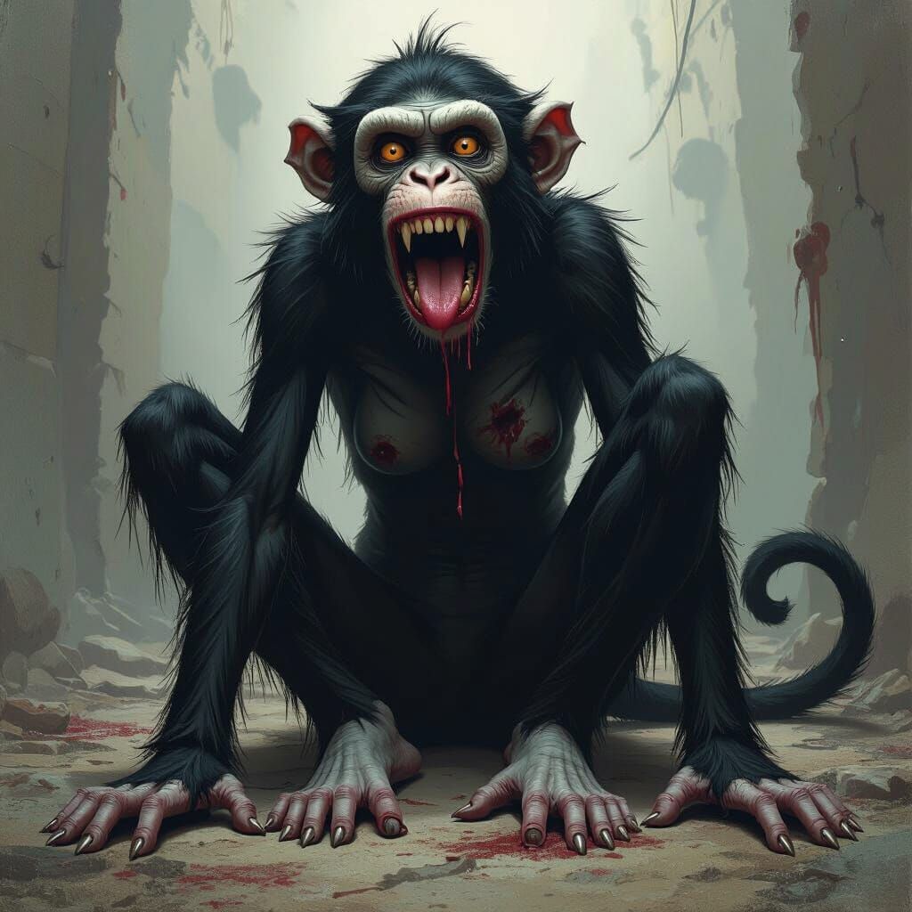 Macabre Zombie Monkey with Fangs and Claws