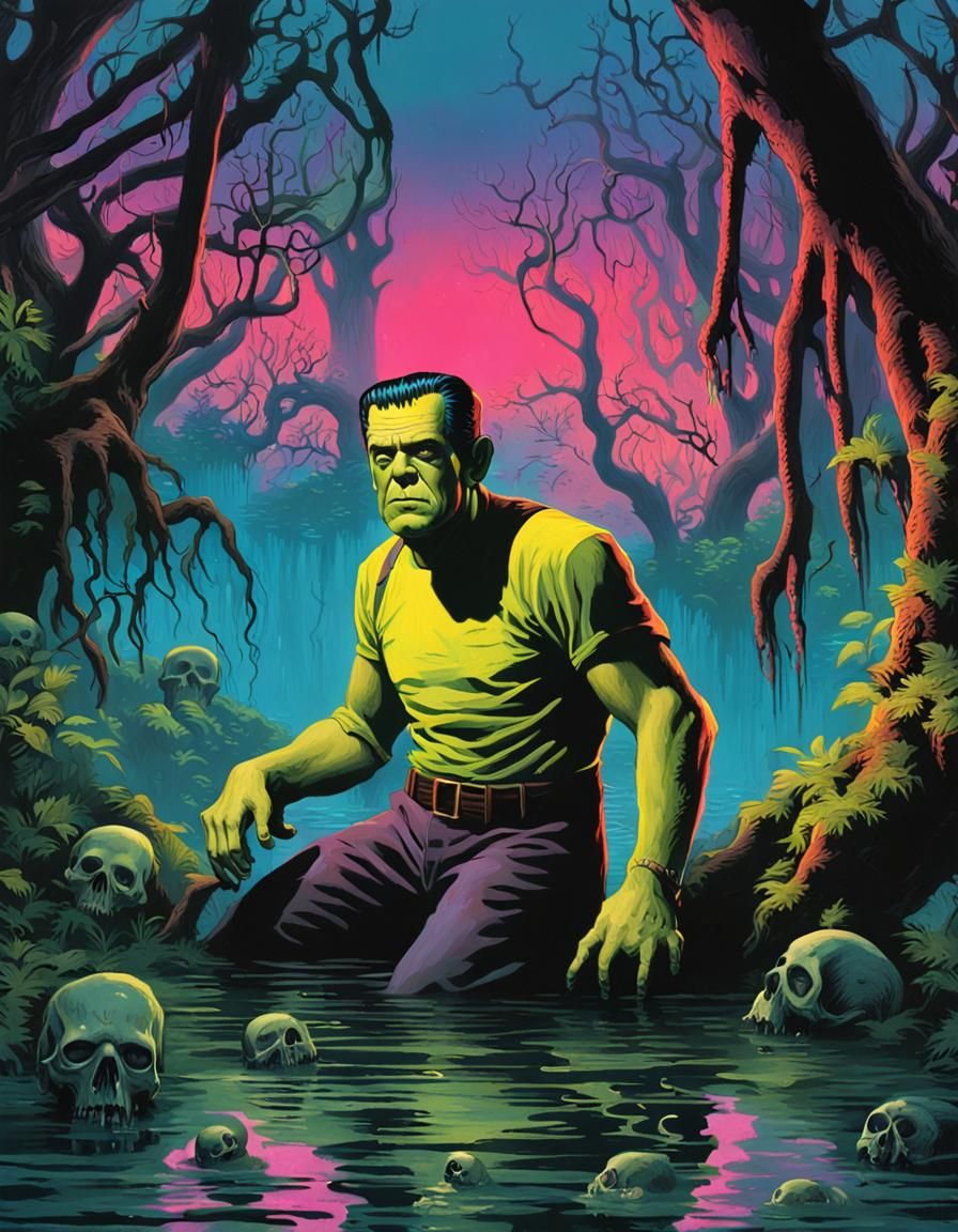 Frankenstein in Neon Swamp: 1950s Pulp Cover