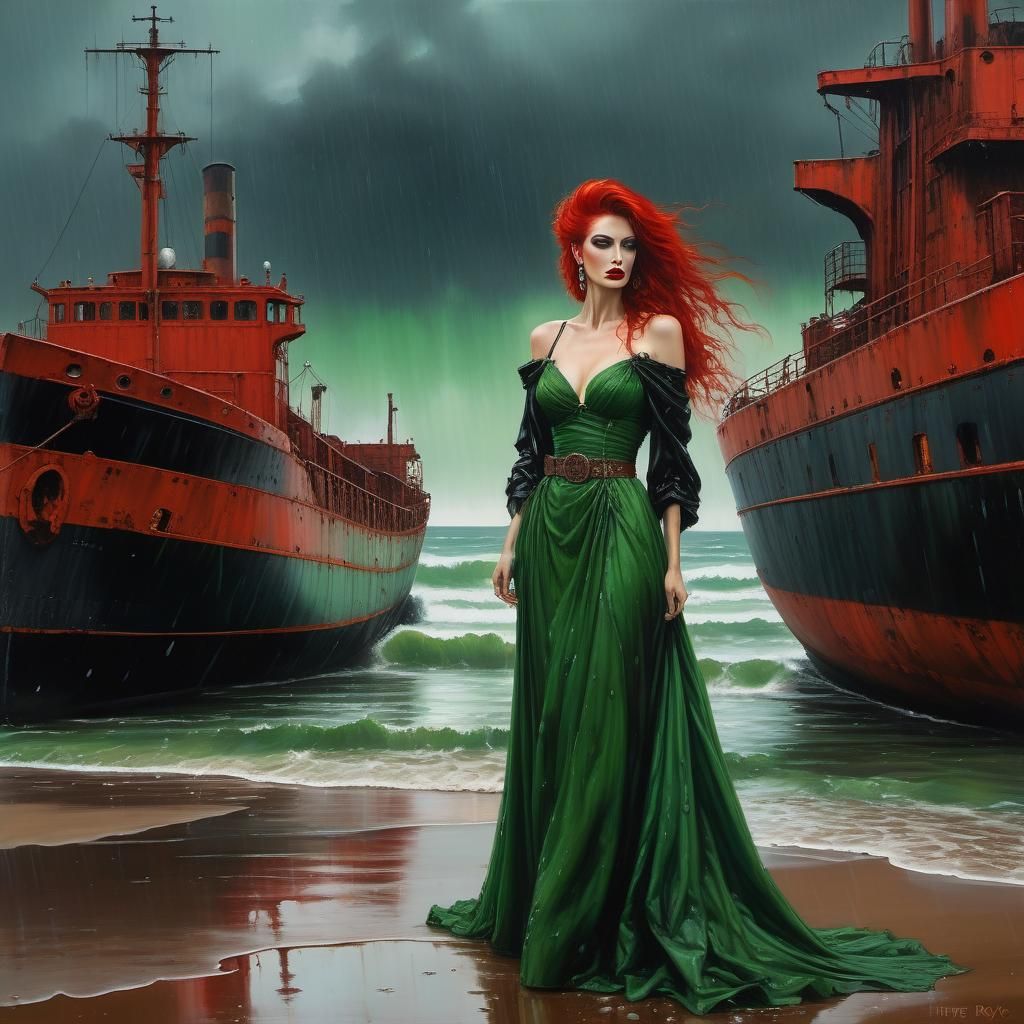 Post-Apocalyptic Shoreline of Abandoned Ship, Hyperreal Goua...