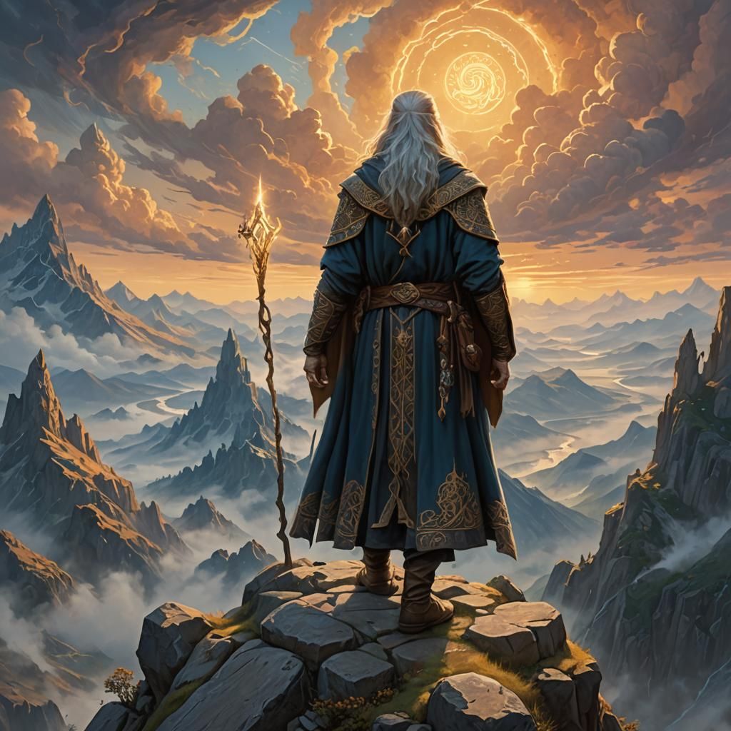 Wizard on Mountain Peak in Fantasy Illustration Style