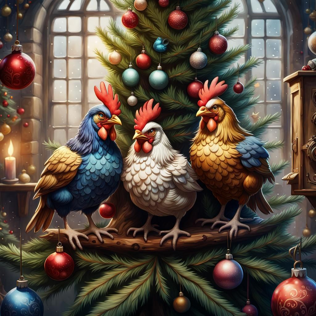 French Hens in Christmas Tree, Digital Watercolour Art