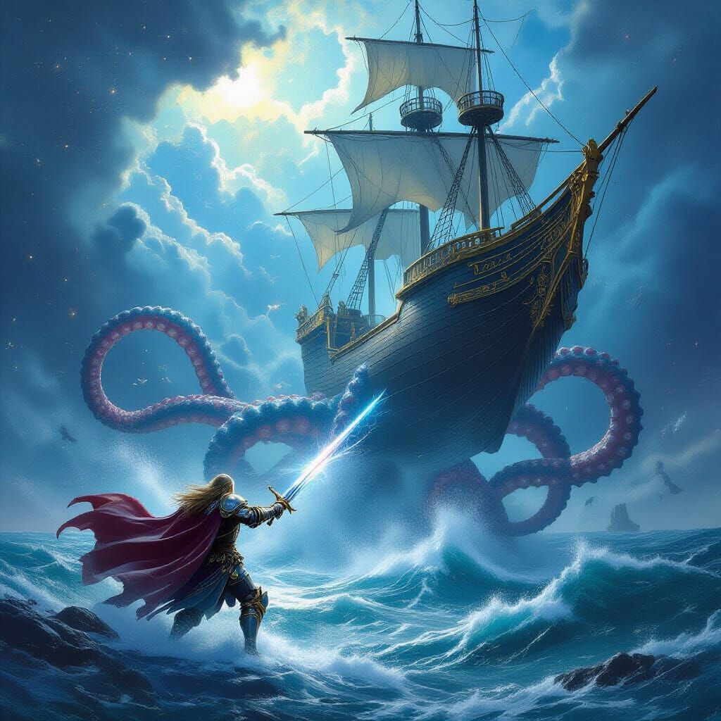 Knight Battles Kraken in Star-Dusted Ocean Airship Battle