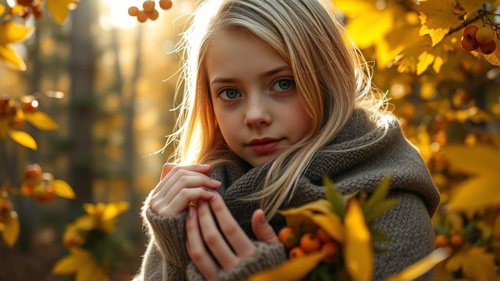 Autumn Forest Girl Picking Berries: Photorealistic