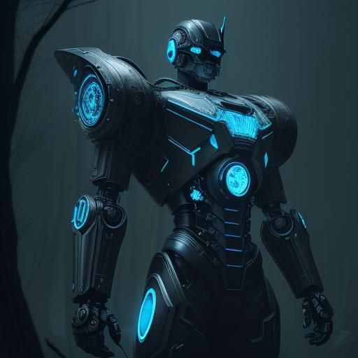Steampunk Robot in Neon Blue: Hyperrealistic Image