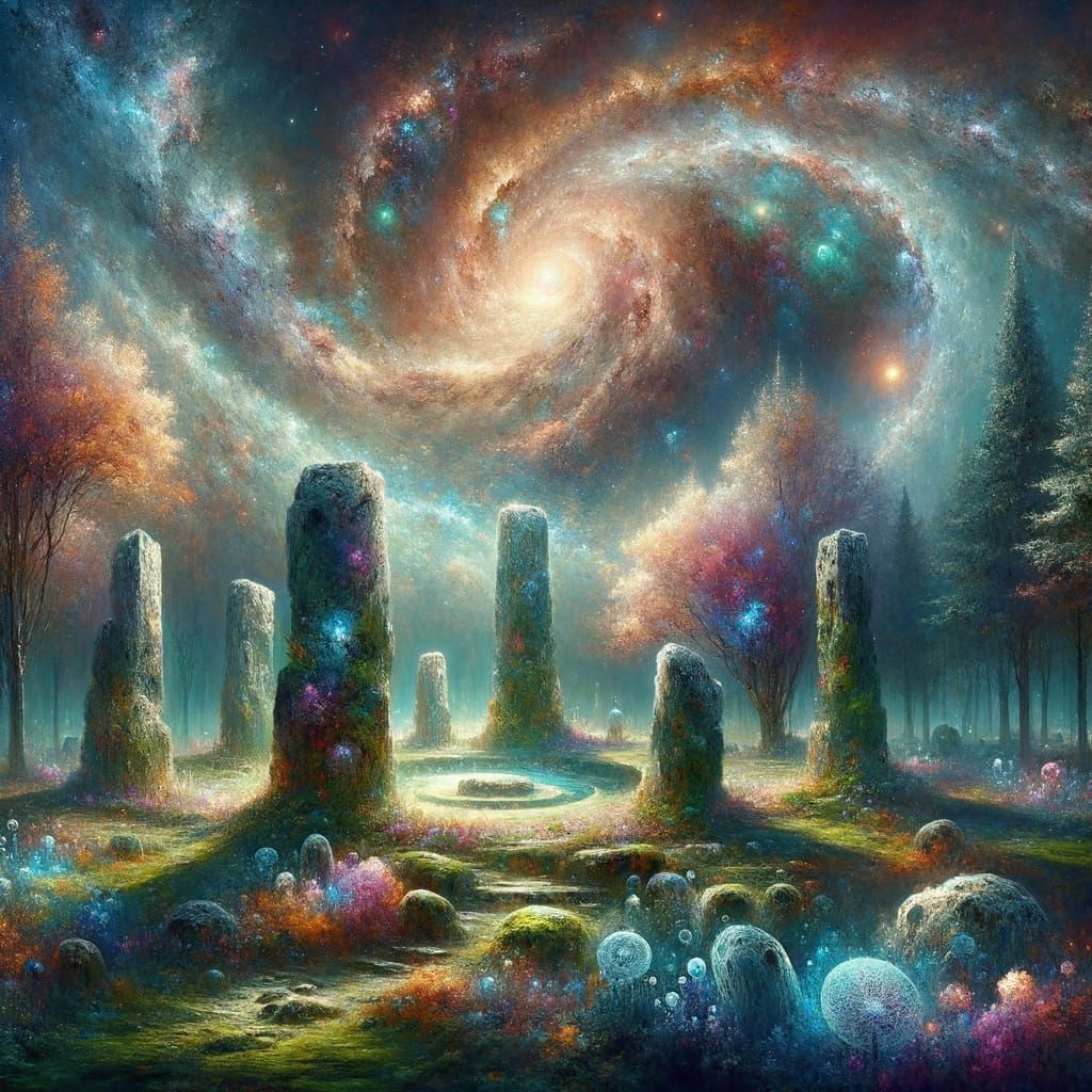 Ethereal Stone Circle Under Nebula Sky in Abstract Style