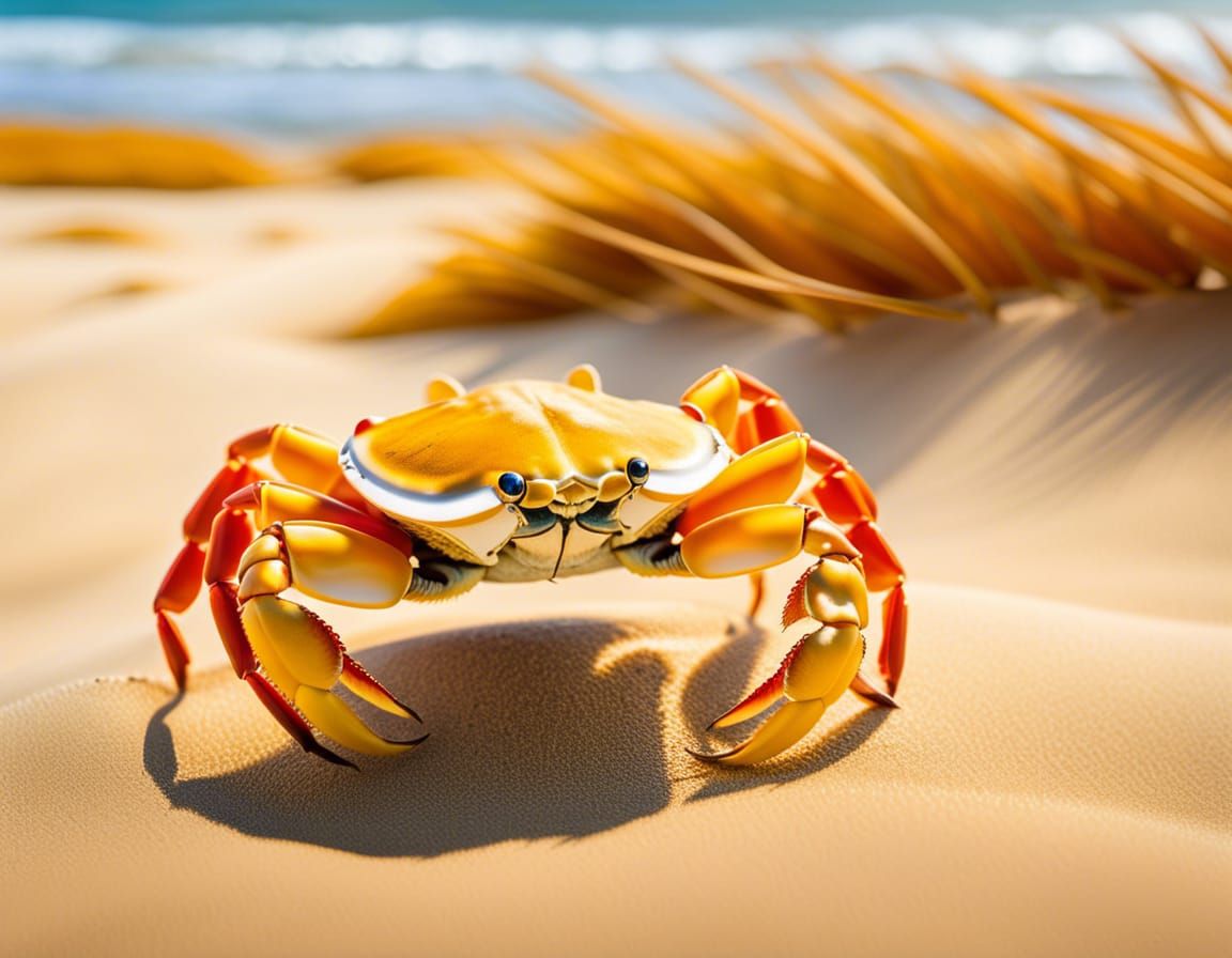 Yellow Crab Scuttling Across Sandy Beach