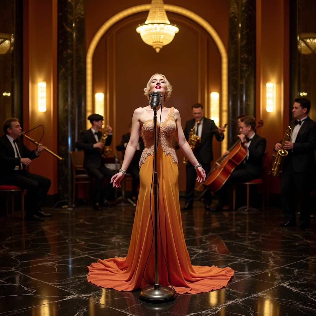 Sultry 1930s Jazz Singer Performs Under Art Deco Arch